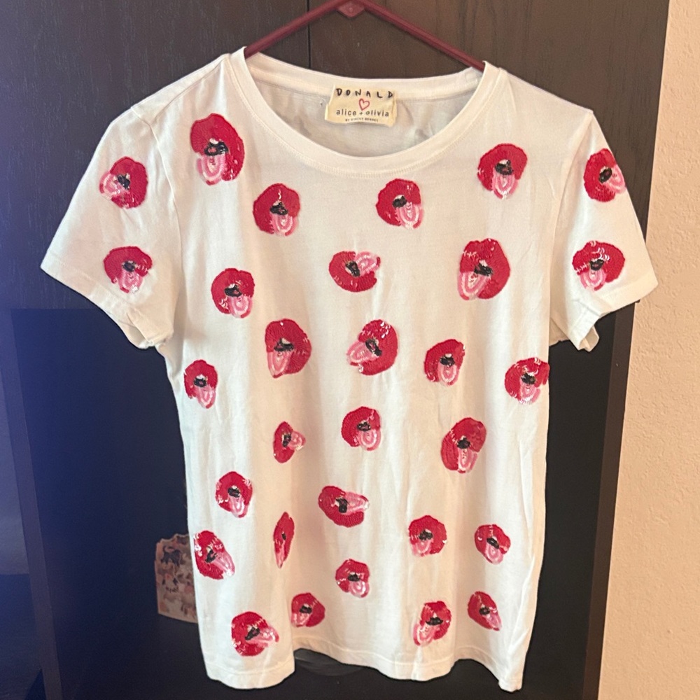 Alice + Olivia White Short-Sleeve Tee with Red Floral Dots